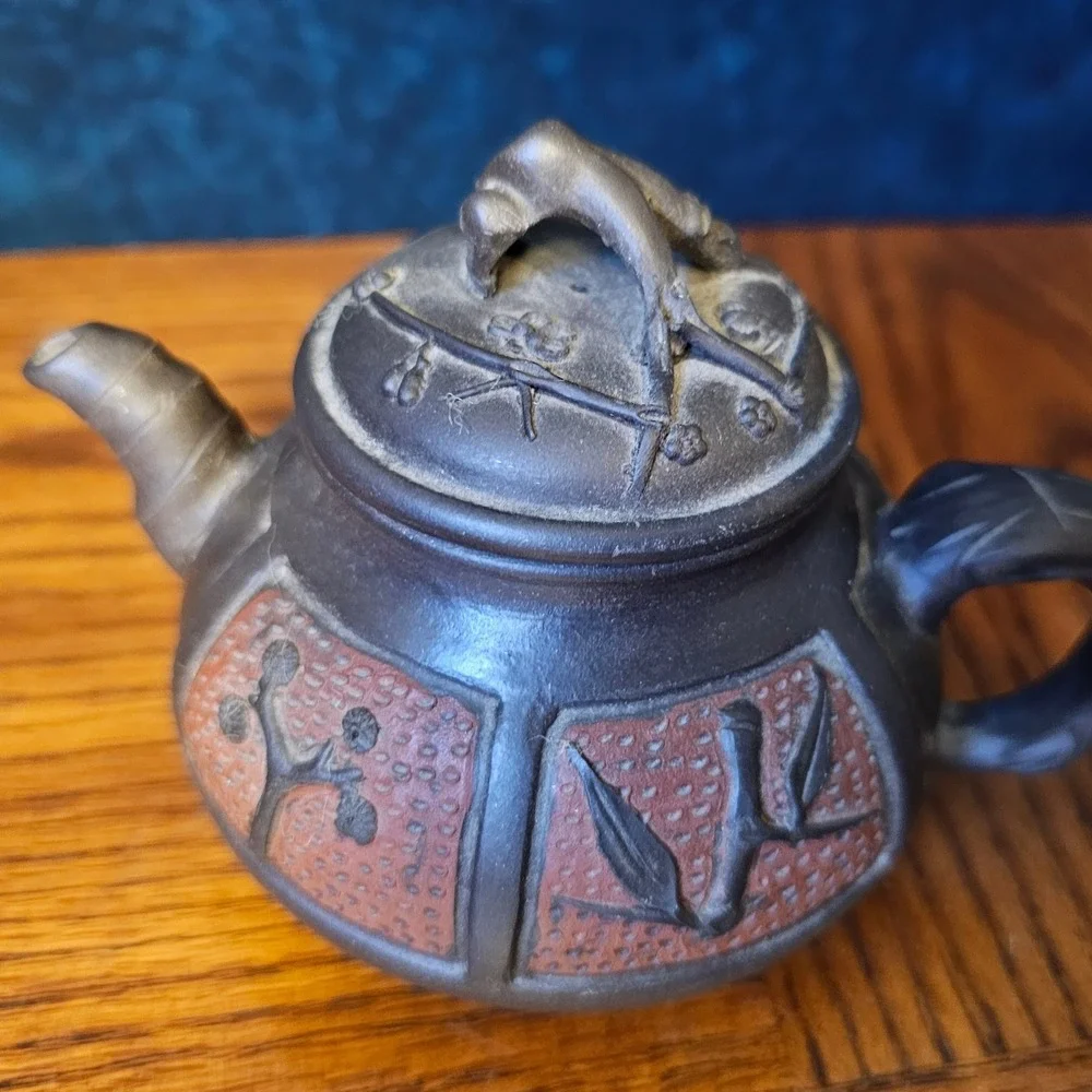Vintage Yixing Zisha Clay Teapot Bamboo Plum Blossom Relief Purple Clay Teaware